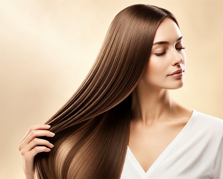 Woman with long, glossy brunette hair